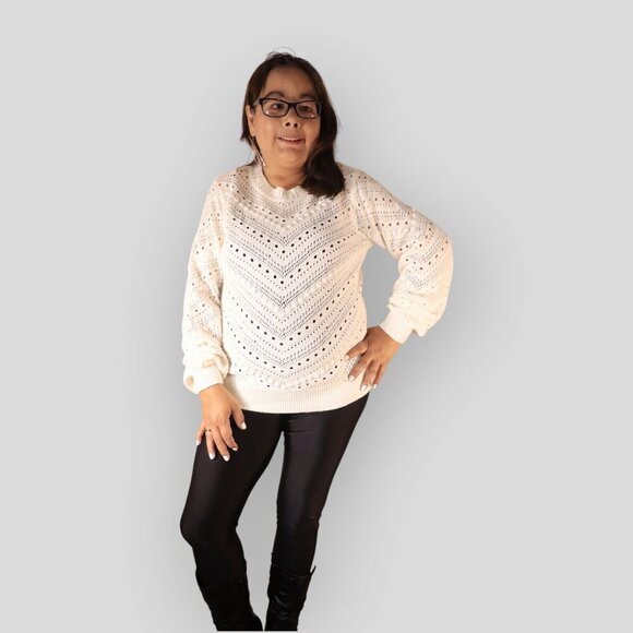 MY STYLE WOMENS SIZE SP WHITE BEIGE SWEATER WITH DESIGNED LACE HOLES - Picture 5 of 5